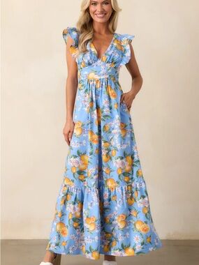 NWT SUNSHINE STATE OF MIND BLUE COTTON LEMON PRINT MAXI DRESS
